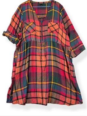 Torrid Dress Womens Plus 5XL Shirt Dress Pockets Plaid Red Drawstring Waist